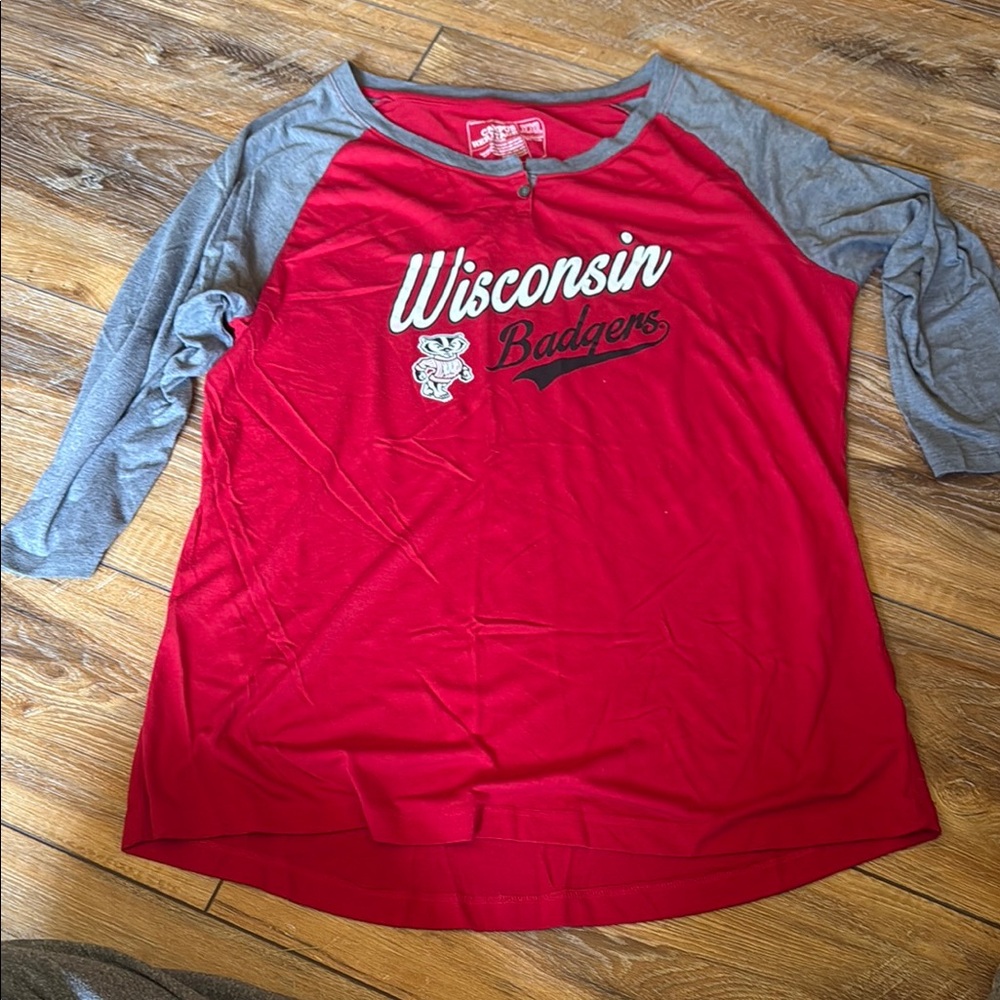 3/4 length sleeves Wisconsin Badgers Red and Gray Raglan Shirt